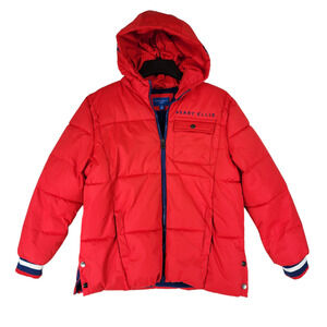 Perry Ellis Boys Puffer Coat Parka 18 Cherry Red Blue Hood Spellout Full Zip Ski